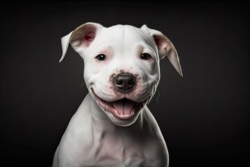 Portrait of Laughs, a white American Staffordshire Terrier puppy, isolated on a black background, front view. Generative AI