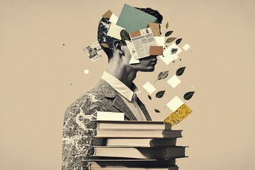 Knowledge and science man with books artistic graphic collage - Generative AI illustration