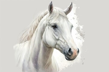 Fototapeta premium Watercolor illustration of a cute white horse. Farm animals, pets, wildlife. Generative AI