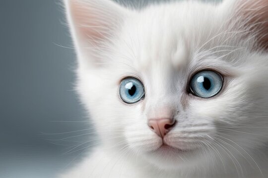 Cute picture of a white kitten with blue eyes. Cat kid animal with a face that looks both interested and curious. On a white background is a small white kitten. Long web banner. Generative AI