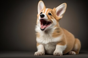 On a white background is a picture of a welsh corgi pembroke puppy being obedient and smiling with its tongue out. Generative AI