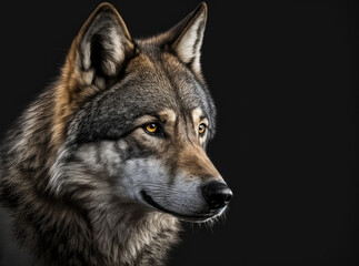 Naklejka na ściany i meble portrait of a gray wolf isolated on black background. Generative AI