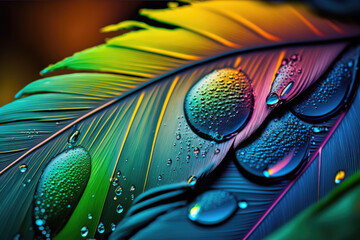 closeup of colorful feathers with water drops on them. Generative AI