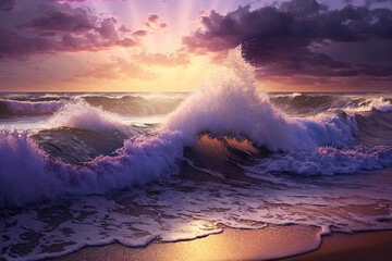 Fototapeta premium Coastal landscape in ultra violet tone. Atlantic Ocean coast. Generative AI