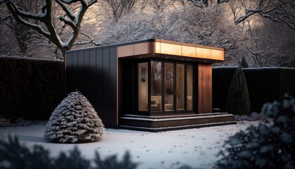 Generative AI of a wooden house in winter with snow covered trees