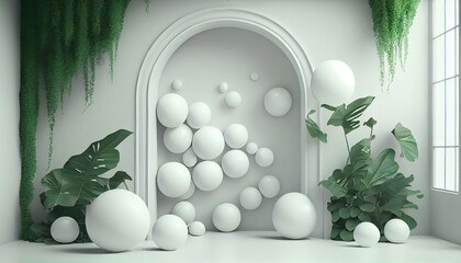 Generative AI of white balls and plants in room with big window