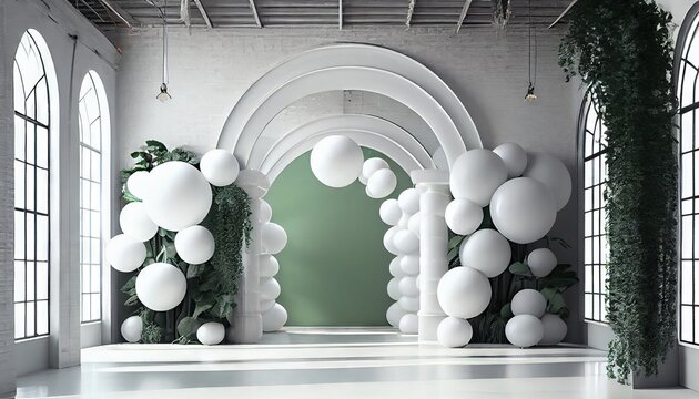 White and green interior with arch and white balloons. Generative AI