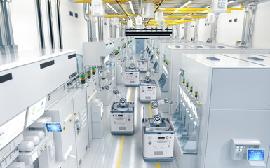 Automation semiconductor manufacturing with robotic arms in factory