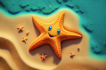 Top view of cute smiling cartoon starfish on sand near water. Generative AI.