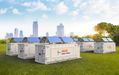Energy storage system or battery container unit with solar power © phonlamaiphoto