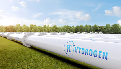 Metal pipeline with green field and blue sky background - obrazy, fototapety, plakaty