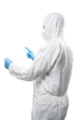 Worker wears medical protective suit or white coverall suit finger point isolated on white