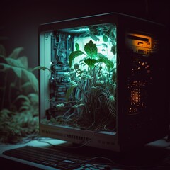 Plants growing out of a computer. Nature and technology interaction concept. Green sustainable organic technology concept. Generative AI.