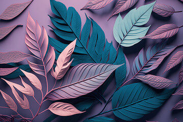 pink and purple colored leaves isolated on a purple background. Generative AI