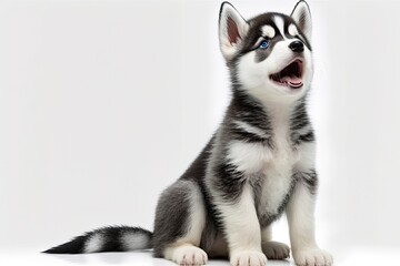 A Siberian Husky puppy howls on a white background. Generative AI