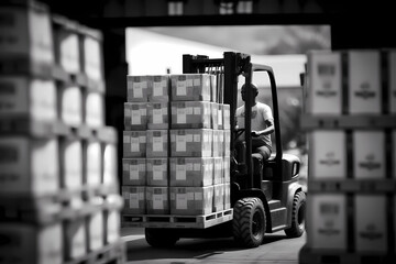 A Forklift Carrying Boxes in a Warehouse - Black and White (Generative AI)