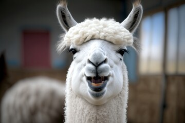 Obraz premium a funny alpaca smile and teeth; a close up of a white llama. Generative AI