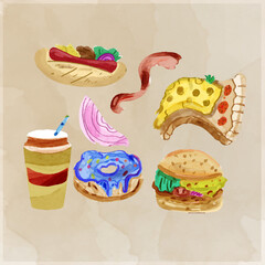 Hand painted Set of fast food doodle in watercolor style vector illustration