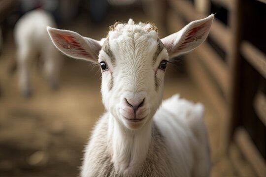 A picture of a young white goat looking straight into the camera. Farm animals being born on the farm. Generative AI