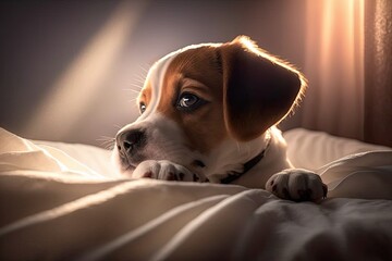 A cute puppy was lying on the bed. Close up studio photo taken inside. Daybreak. The idea of caring for, educating, training, and raising pets. Generative AI
