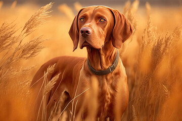 a big brown dog sits in the wheat field in beautiful evening light. golden hour. Generative AI