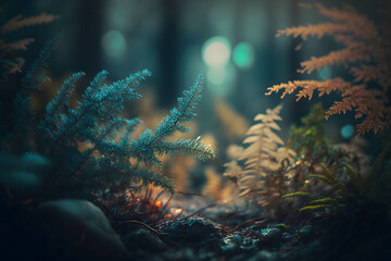 Forest and sunbeams passing through the trees. An atmospheric beautiful picture in the middle of the forest. Close-up of the forest path Generative AI - obrazy, fototapety, plakaty