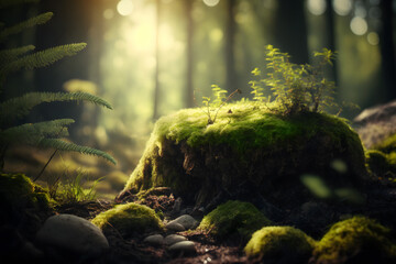 Forest and sunbeams passing through the trees. An atmospheric beautiful picture in the middle of the forest. Close-up of the forest path Generative AI - obrazy, fototapety, plakaty