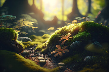 Forest and sunbeams passing through the trees. An atmospheric beautiful picture in the middle of the forest. Close-up of the forest path, Generative AI - obrazy, fototapety, plakaty