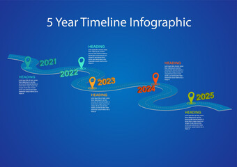 3d road map timeline Circle and distance marker 5 years with text for business growth planning, marketing, investment on blue gradient background