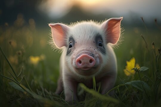On the green grass, there is a young pig. A little piglet is happy and looking at the camera in the meadow. Generative AI
