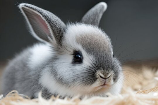 A sweet, cute baby bunny with beautiful eyelashes and gray, white fur. Generative AI