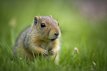 Naklejka na ściany i meble A close up picture of a wild ground squirrel eating in a green field. Generative AI