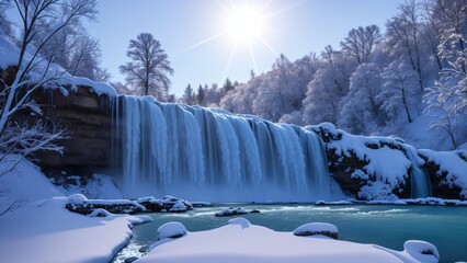 beautiful snowy winter landscape with waterfalls, trees and sun. AI Generative