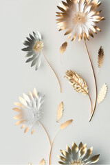 Obraz premium faded pastel and gold metallic flowers on white background.Generative AI