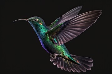 Obraz premium Sparkling violetear hummingbird (Colibri coruscans) in the air. Low key picture of a bird. Bird flying. It's dark. A beautiful green bird in flight against a black background in Colombia. Generative