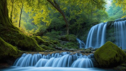 Fototapeta na wymiar Flowing River Stream Waterfalls in Green Forest Trees Landscape AI Generative