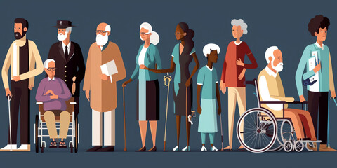 diverse group of people of different ages, each receiving medical treatment for various conditions. Some are in wheelchairs, others have crutches, and still others walking or standing. Generative AI.