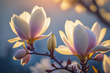 Blooming magnolia flowers on a branch in the light of dawn. AI generation