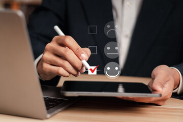 Businessman rate customer service 5 stars. Customer evaluation. customer satisfaction survey concept.