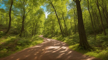 Obraz premium Beautiful Green Forest Nature Landscape Full Trees Dirt Ground. AI Generative
