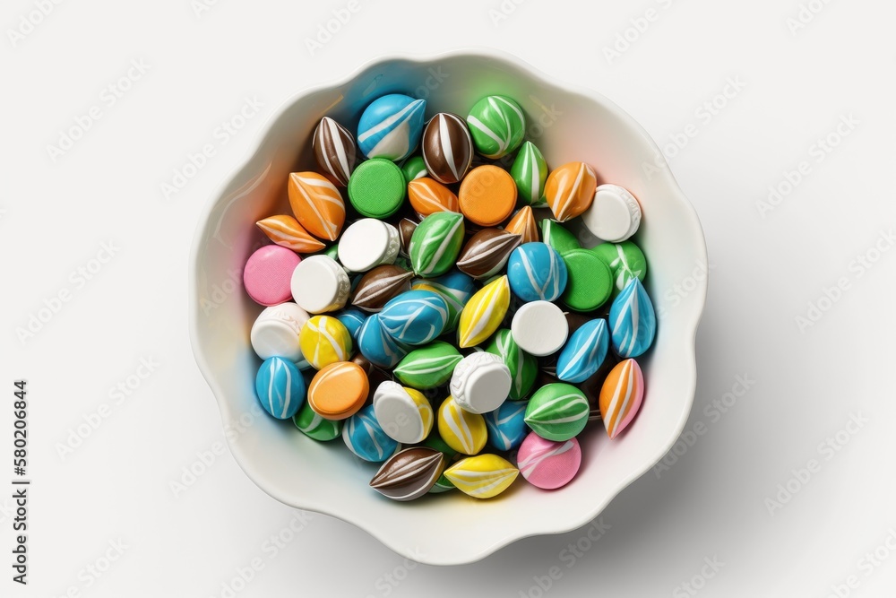 Wall mural Candy in a bowl with bright wrappers, photographed from above, against a white background. Generative AI