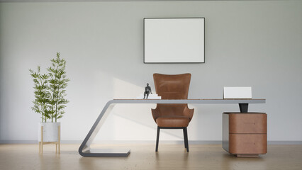 Blank picture frame mockup on a wall with CEO working  table