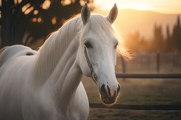 A picture of a horse in the sun at sunset. Farm animals. Close up picture of a white horse with a white mane. At sunset, a white horse is in a paddock. horse walks in a street paddock. Generative AI