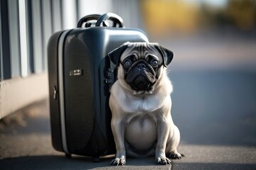 Baggage set for taking pets on the road. A pug waits patiently by a pet carrier, ready to hit the road. Generative AI