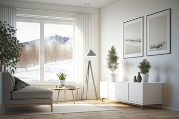 Obraz premium Interior of a white minimalist living room with a couch, dresser on a wooden floor, decorations, and a white landscape beyond the window. Nordic interior design. Generative AI