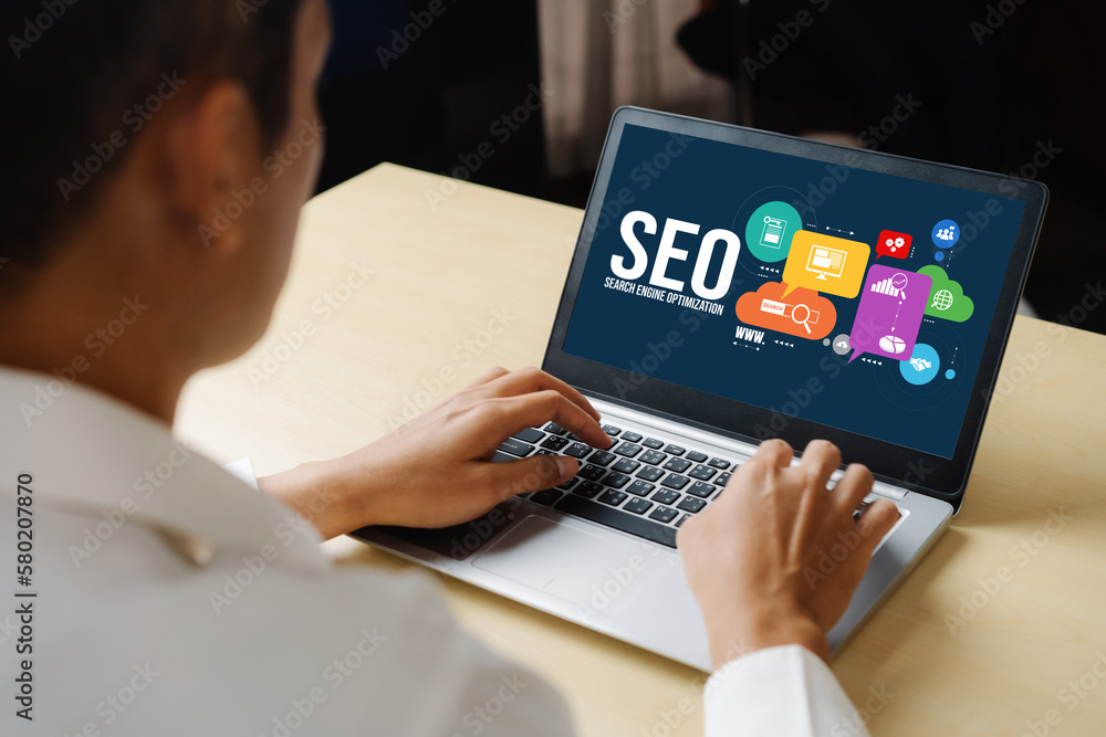 Poster seo search engine optimization for modish e-commerce and online retail business showing on computer 