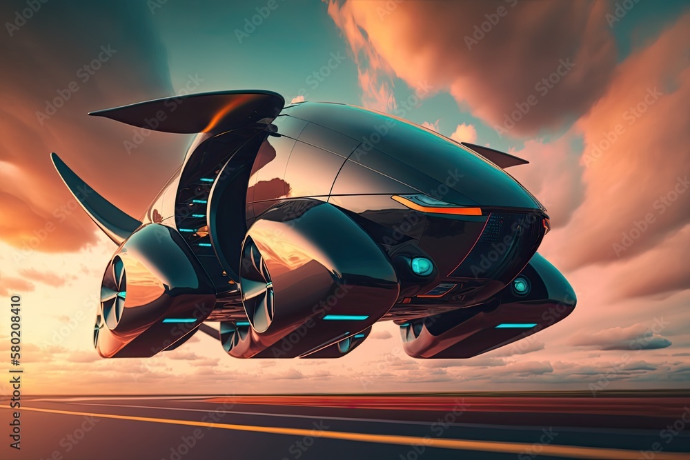 Poster automobile that can take flight. self driving automobile. future oriented self driving car. technolo