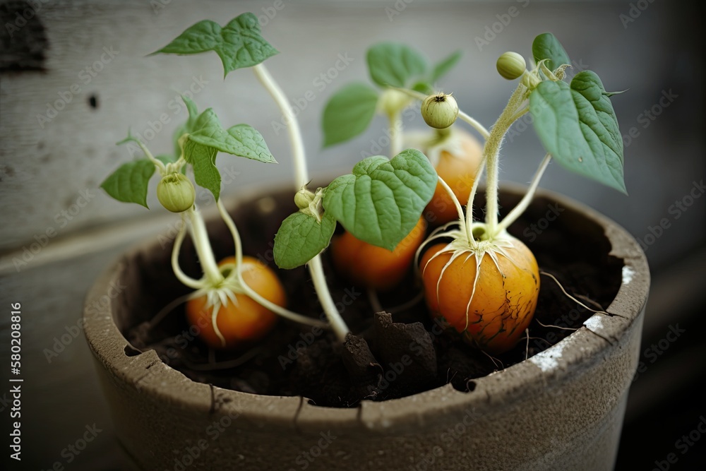 Poster physalis seedlings or sprouts growing in a pot of soil used for propagation. generative ai