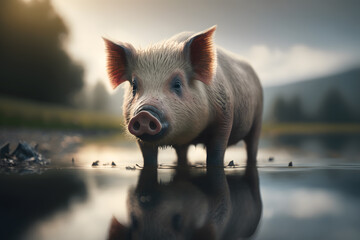 Cute pig standing in the mud. Farm animals in natural environment. Perfect for agriculture and nature related projects