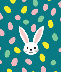 white easter bunny head with colorful eggs in background, pastel colors, minimalistic, flat design, vector illustration